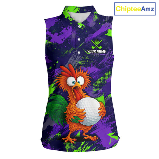 A sleeveless collared golf shirt with a vibrant purple and green paint-splatter background, featuring a cartoon orange bird holding a white golf ball. The shirt has a white collar, three white buttons, and a customizable chest graphic with the text 'YOUR NAME' and a golf club icon.