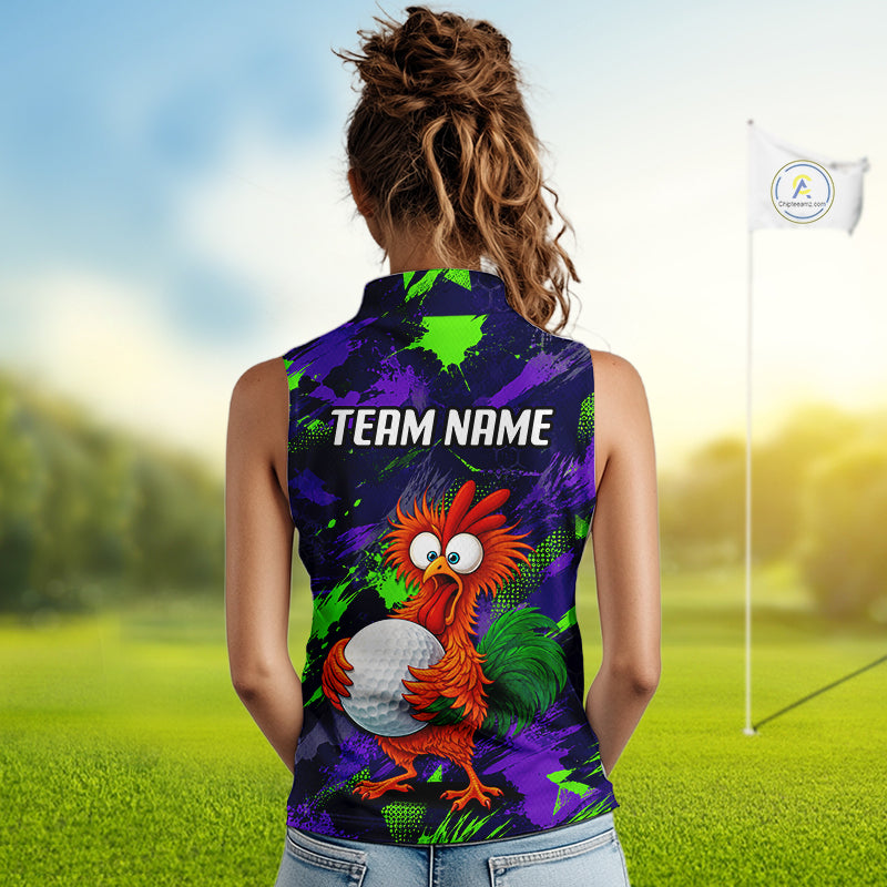 A woman viewed from behind wearing a sleeveless collared golf shirt with a colorful cartoon bird graphic and the text 'TEAM NAME' on the back, standing on a blurred golf course with a flag in the background.