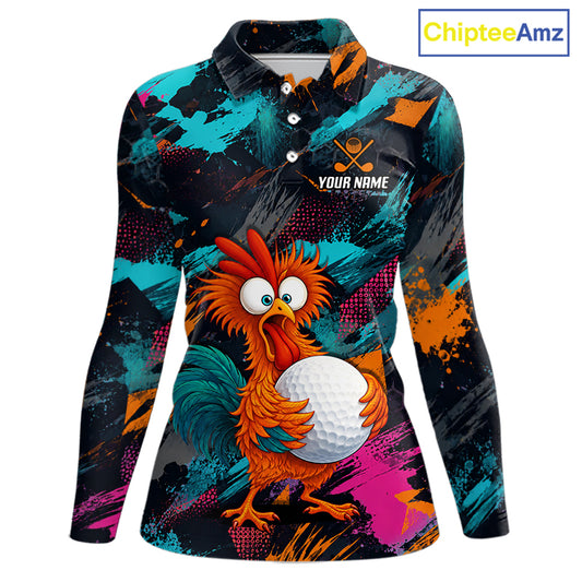 A long-sleeve polo shirt with a colorful abstract paint-splatter background and a large cartoon rooster holding a golf ball on the front. The shirt has a collar, three-button placket, and a printed chest logo reading 'YOUR NAME' with crossed golf clubs.