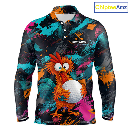 A long-sleeve polo shirt with a colorful all-over graphic print featuring a cartoon rooster holding a golf ball, set against a black base with teal, orange, pink, and gray paint splatter patterns. The shirt has a custom name print area on the chest and a visible 'ChipteeAmz' logo in the top right corner.