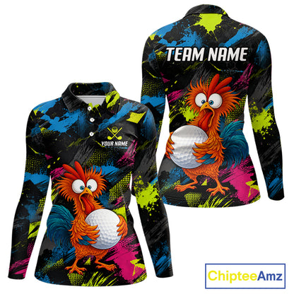 Front and back views of a long-sleeve collared polo shirt with a colorful abstract paint-splatter background and a cartoon fiery bird holding a white golf ball. The front shows a small chest logo reading YOUR NAME, and the back shows TEAM NAME.