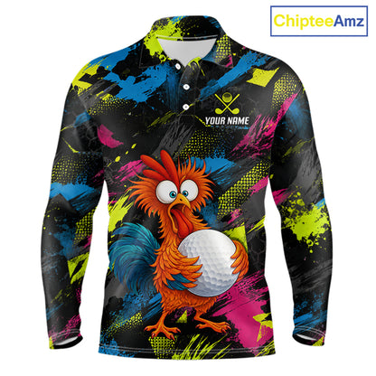 A long-sleeve polo shirt with a vibrant, all-over abstract paint splatter pattern in black, blue, pink, yellow, and green. The front features a large cartoon graphic of an orange and blue rooster holding a white golf ball, with a customizable 'YOUR NAME' text and golf club graphic on the left chest.