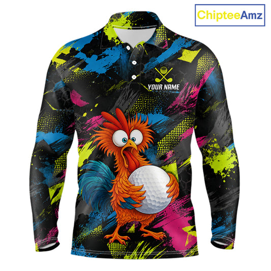 A long-sleeve polo shirt with a vibrant, all-over abstract paint splatter pattern in black, blue, pink, yellow, and green. The front features a large cartoon graphic of an orange and blue rooster holding a white golf ball, with a customizable 'YOUR NAME' text and golf club graphic on the left chest.