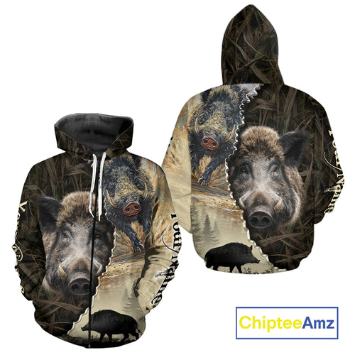 Brown Camo Wild Hog Hunting 3D All Over Print Shirts Custom Name, Boar Hunting Shirt NHT148