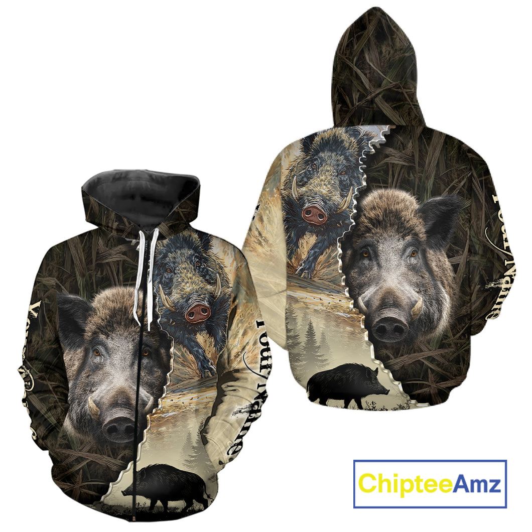 Brown Camo Wild Hog Hunting 3D All Over Print Shirts Custom Name, Boar Hunting Shirt NHT148