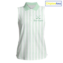 Load image into Gallery viewer, Personalized Womens Sleeveless Golf Polo Shirt Mint Green Striped Custom Team Name Polo For Womens