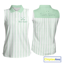 Load image into Gallery viewer, Personalized Womens Sleeveless Golf Polo Shirt Mint Green Striped Custom Team Name Polo For Womens