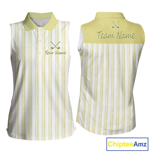 Personalized Womens Sleeveless Golf Polo Shirt Mint Yellow Striped Custom Team Name Polo For Womens