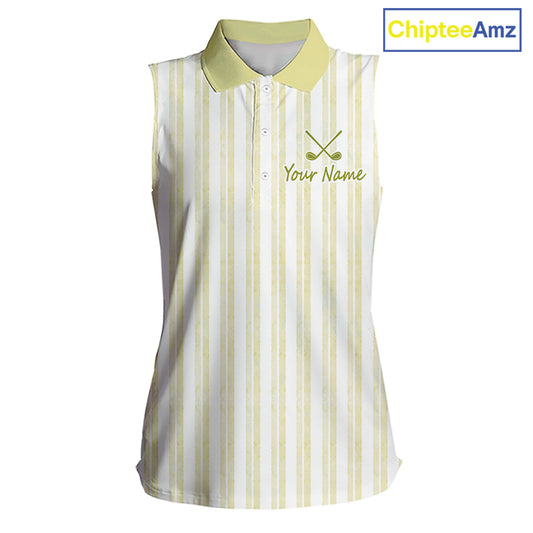 Personalized Womens Sleeveless Golf Polo Shirt Mint Yellow Striped Custom Team Name Polo For Womens