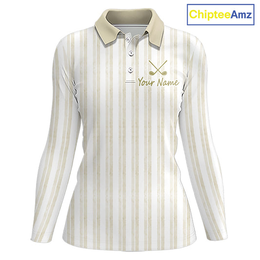 Personalized Golf Polo Shirt Beige Striped Custom Team Name Polo For Womens 