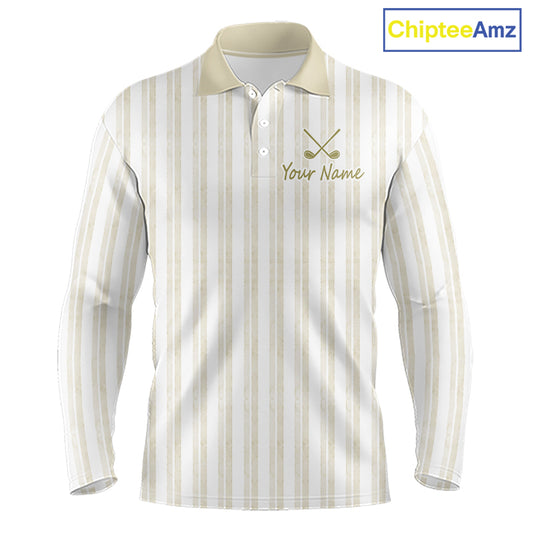 Personalized beige striped golf polo shirt for men with custom team name 