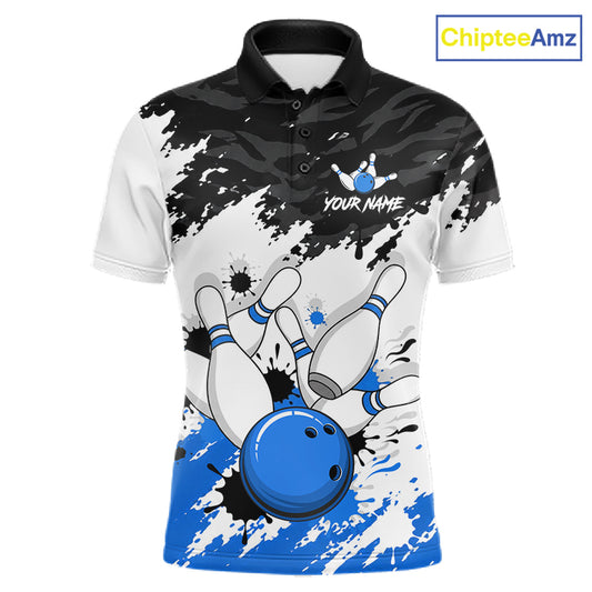 A short-sleeve polo shirt with a bowling-themed graphic print, featuring white and black splatter patterns, cartoon bowling pins, a blue bowling ball, and customizable text 'YOUR NAME' on the chest. The shirt is displayed on a white background with a 'ChipteeAmz' logo in the top right corner.