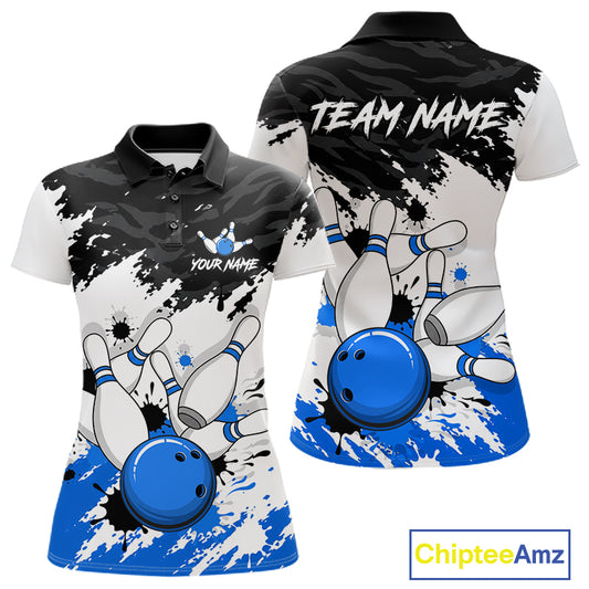 Front and back views of a women's short-sleeve polo shirt with a bowling theme. The shirt features a black and white splattered design on the upper body, white sleeves, and a blue and white bowling pin and ball graphic on the lower front and back.