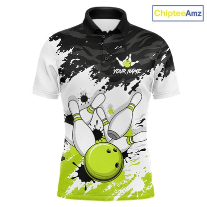 A short-sleeve polo shirt with a bowling-themed graphic print, featuring bowling pins, a bowling ball, and black-and-white paint splatter patterns. The shirt has a black collar, a black-and-white upper body, and bright lime green accents at the bottom and on the bowling pins.