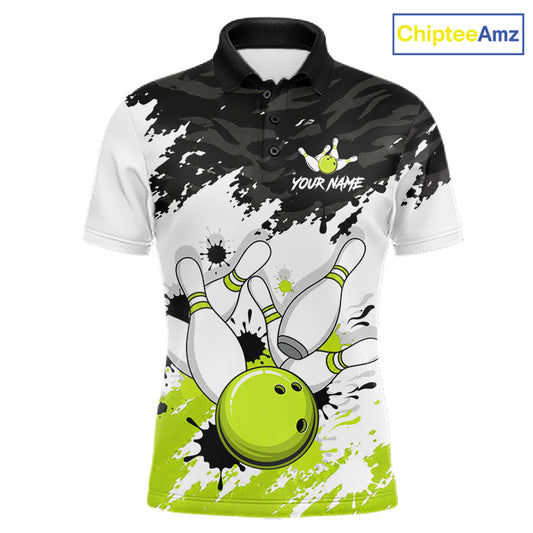 A short-sleeve polo shirt with a bowling-themed graphic print, featuring bowling pins, a bowling ball, and black-and-white paint splatter patterns. The shirt has a black collar, a black-and-white upper body, and bright lime green accents at the bottom and on the bowling pins.