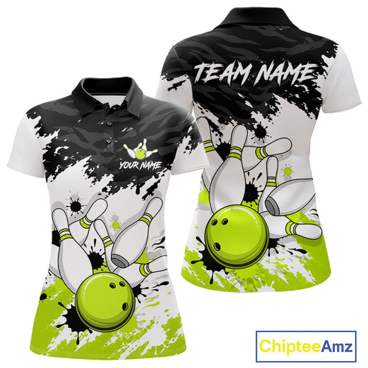 Front and back views of a women's short-sleeve polo shirt with a bowling theme. The shirt features a black and white splatter design with bright lime green accents, bowling pins, and bowling balls