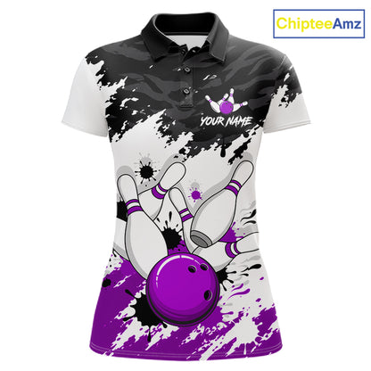 A women's short-sleeve polo shirt with a bowling-themed graphic print. The design features a black and gray camouflage pattern on the upper chest, a white and gray splatter background, bowling pins, a purple bowling ball, and the text 'YOUR NAME' with a crown logo.