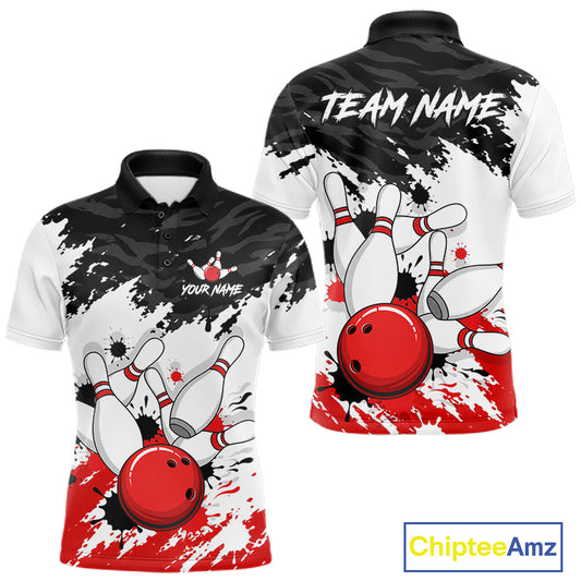 Front and back views of a customizable short-sleeve polo shirt with a bowling theme. The shirt features a black and white camouflage pattern with red and white paint splatters, bowling pins, and bowling balls, with placeholder text 'TEAM NAME' and 'YOUR NAME' on the back and front respectively.