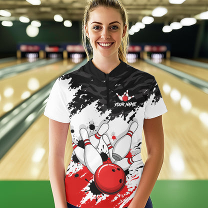 Bowling Shirt Custom Name Red Black White Bowling Ball Personalized Team Jersey Gift For Women NHT1252