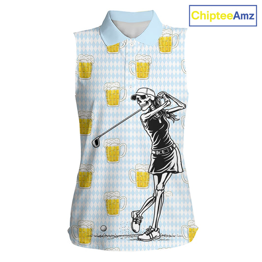 Funny Skull Womens Sleeveless Golf Polo Shirts Beer Blue Argyle Pattern Custom Name Skull Playing Golf Apparel NBT629
