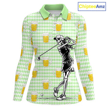 Load image into Gallery viewer, Funny Skull Golf Polo Shirts Beer Green Argyle Pattern Custom Name Skull Playing Golf Apparel NBT630