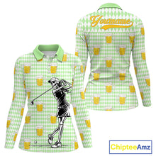 Load image into Gallery viewer, Funny Skull Golf Polo Shirts Beer Green Argyle Pattern Custom Name Skull Playing Golf Apparel NBT630