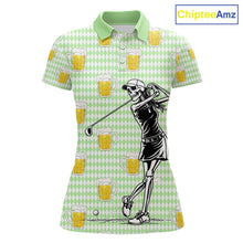 Load image into Gallery viewer, Funny Skull Golf Polo Shirts Beer Green Argyle Pattern Custom Name Skull Playing Golf Apparel NBT630