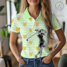 Load image into Gallery viewer, Funny Skull Golf Polo Shirts Beer Green Argyle Pattern Custom Name Skull Playing Golf Apparel NBT630