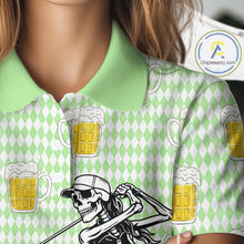 Load image into Gallery viewer, Funny Skull Golf Polo Shirts Beer Green Argyle Pattern Custom Name Skull Playing Golf Apparel NBT630