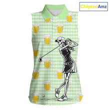 Load image into Gallery viewer, Funny Skull Womens Sleeveless Golf Polo Shirts Beer Green Argyle Pattern Custom Name Skull Playing Golf Apparel NBT630