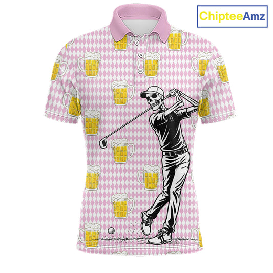 Funny Skull Golf Polo Shirts Beer Pink Argyle Pattern Custom Name Skull Playing Golf Apparel NBT631