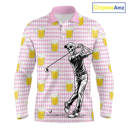Funny Skull Golf Polo Shirts Beer Pink Argyle Pattern Custom Name Skull Playing Golf Apparel NBT631