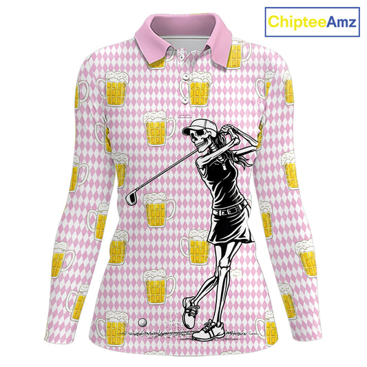 Funny Skull Golf Polo Shirts Beer Pink Argyle Pattern Custom Name Skull Playing Golf Apparel NBT631