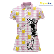 Load image into Gallery viewer, Funny Skull Golf Polo Shirts Beer Pink Argyle Pattern Custom Name Skull Playing Golf Apparel NBT631