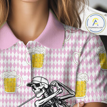 Load image into Gallery viewer, Funny Skull Golf Polo Shirts Beer Pink Argyle Pattern Custom Name Skull Playing Golf Apparel NBT631