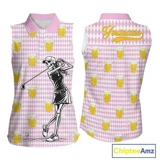 Funny Skull Womens Sleeveless Golf Polo Shirts Beer Pink Argyle Pattern Custom Name Skull Playing Golf Apparel NBT631