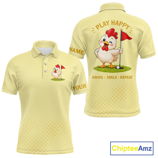 Personalized Funny Chicken Golf Polo Shirt for Men Play Happy Swing Smile Repeat