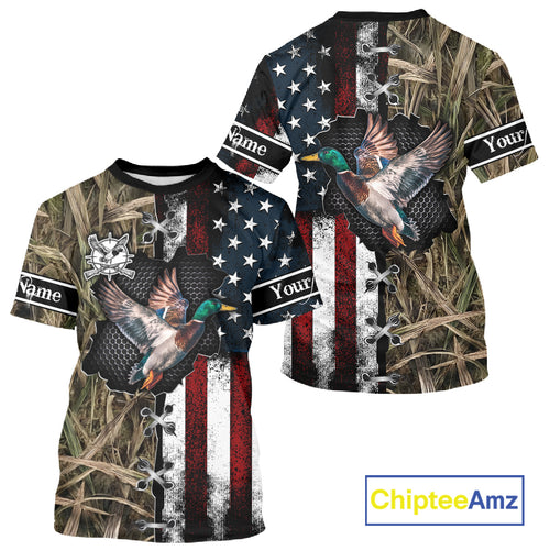 Mallard Duck Hunting Waterfowl Camo with US Flag Custom Name Hunting Gift NHT154