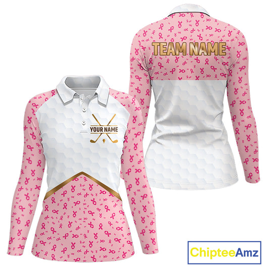 Custom Pink Ribbon Pattern Breast Cancer Golf Shirts For Womens, Breast Cancer Golf Jersey NHT797