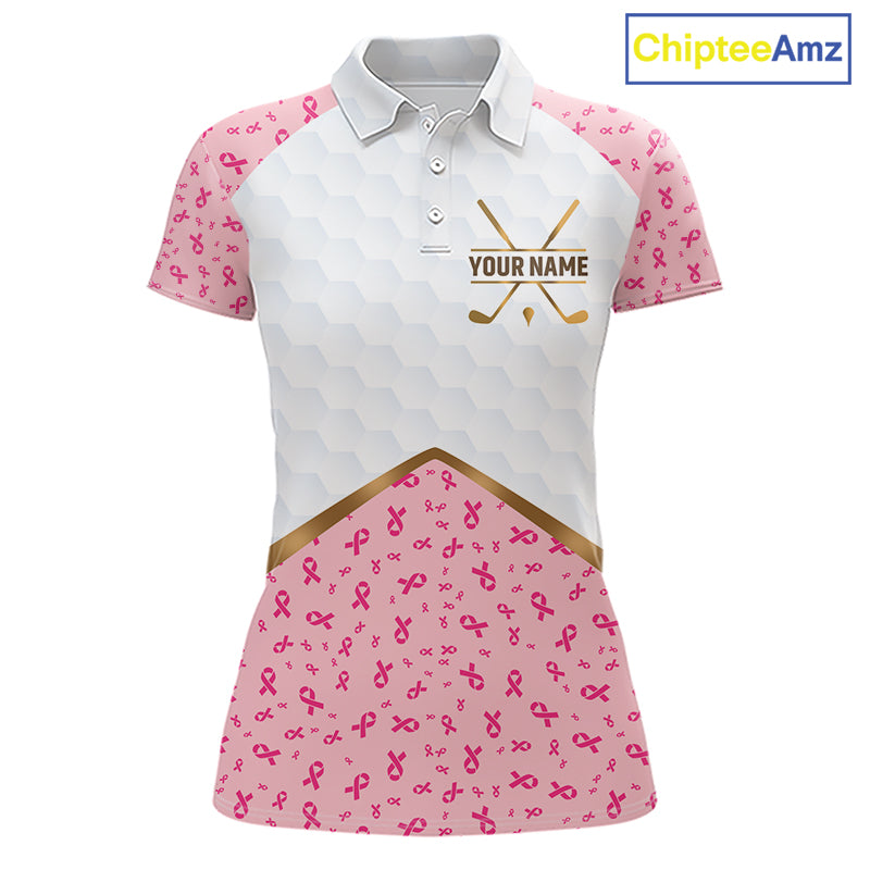 Custom Pink Ribbon Pattern Breast Cancer Golf Shirts For Womens, Breast Cancer Golf Jersey NHT797