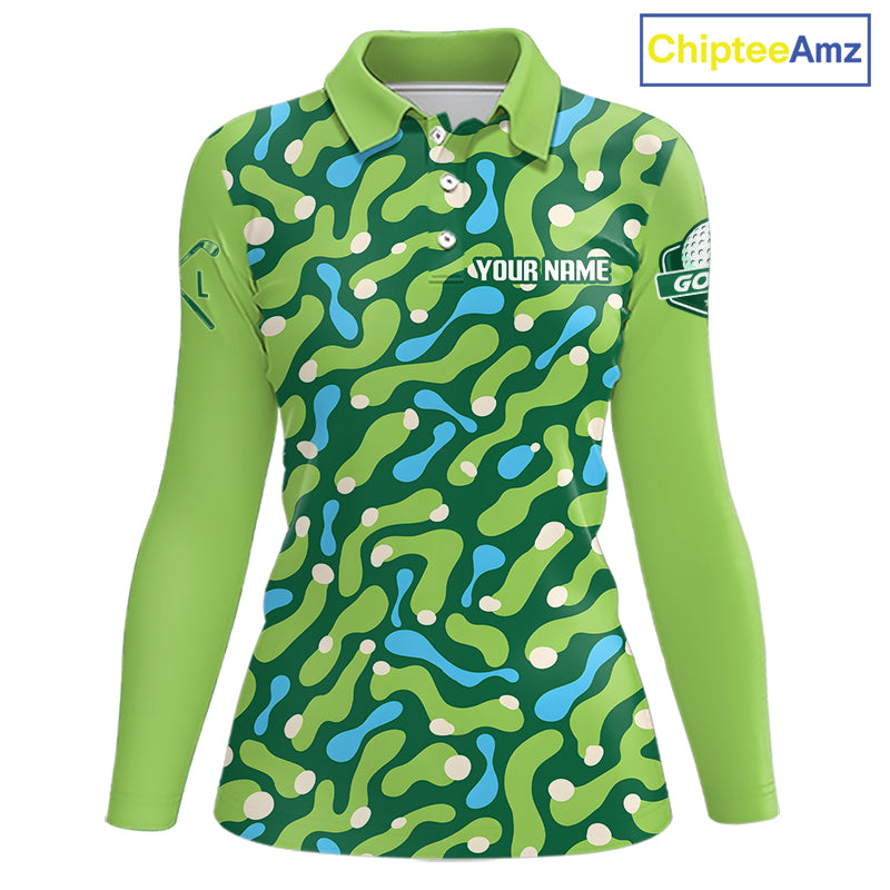 Custom Green Camo Pattern Womens Long Sleeve Golf Polo Shirt Personalized Team Golf Uniform 