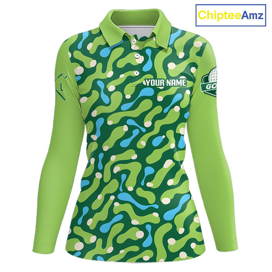 Custom Green Camo Pattern Womens Long Sleeve Golf Polo Shirt Personalized Team Golf Uniform 