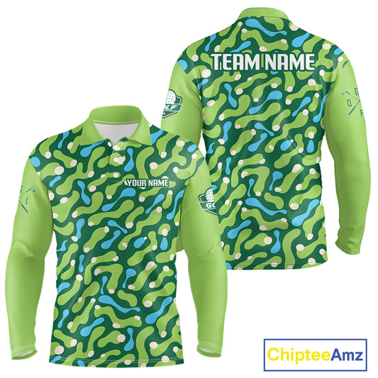 Custom Green Camo Pattern Long Sleeve Mens Golf Polo Shirt Personalized Team Golf Uniform 