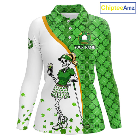Custom St. Patrick's Day Womens Golf Polo Shirt – Lucky Shamrock Skeleton Golfer Team Uniform 