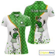Load image into Gallery viewer, Custom St. Patrick's Day Womens Golf Polo Shirt – Lucky Shamrock Skeleton Golfer Team Uniform 