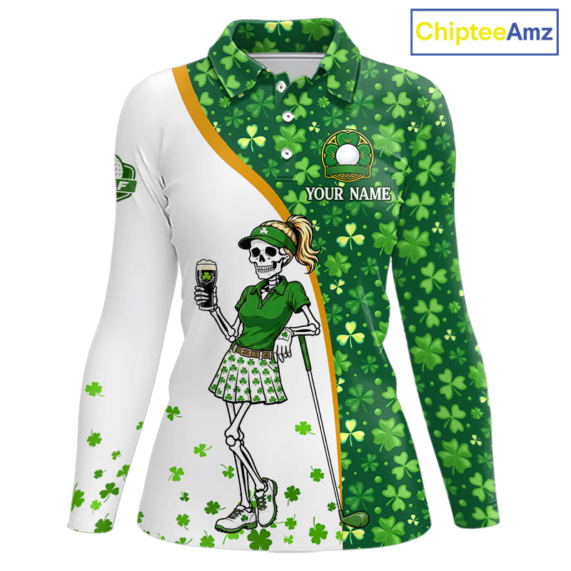 Custom St. Patrick's Day Womens Golf Polo Shirt – Shamrock Skeleton Lady Golfer Personalized Team 
