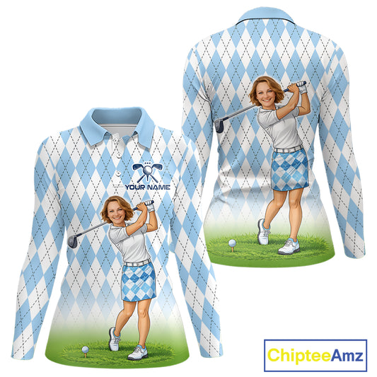 Personalized Argyle Style Funny Womens Golf Polo Shirt – Custom Face Portrait Cartoon Design NHT583