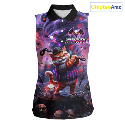 Personalized Sleeveless Women Golf Polo Shirts Angry Cat Golfer Gothic Lightning Theme Team Name Shirt NHT803