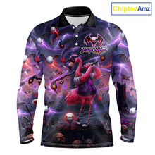Load image into Gallery viewer, Personalized Mens Golf Polo Shirts Angry Flamingo Golfer Gothic Lightning Theme Team Name Shirt NHT804