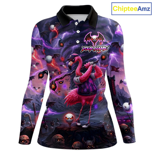 Personalized Womens Golf Polo Shirts Angry Flamingo Golfer Gothic Lightning Theme Team Name Shirt NHT804